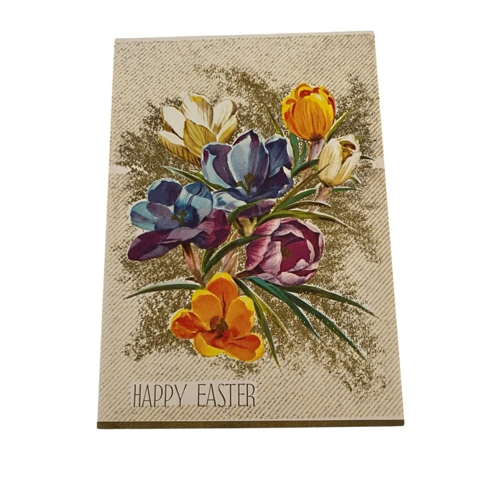 Unused Vintage Easter Greeting Glitter Floral Bouquet Quaint Shop Original